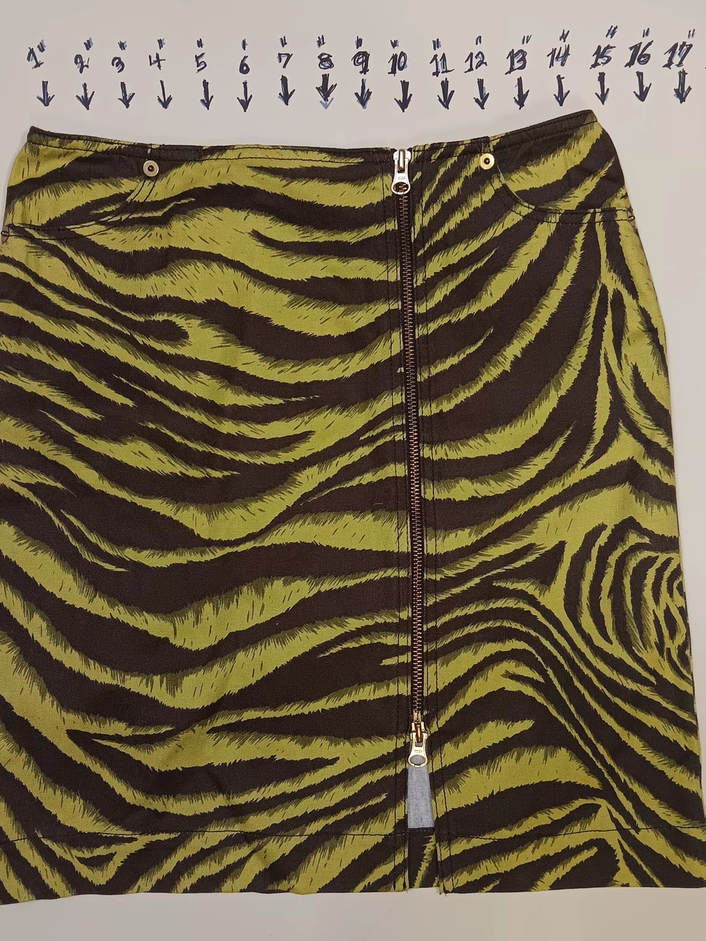 Zip-Front Mini Skirt in Olive Green Zebra Print